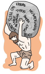 Atlas lifting a rock with bad practice terms such as 'no tests', 'typos', 'large messages', 'bugs', etc.