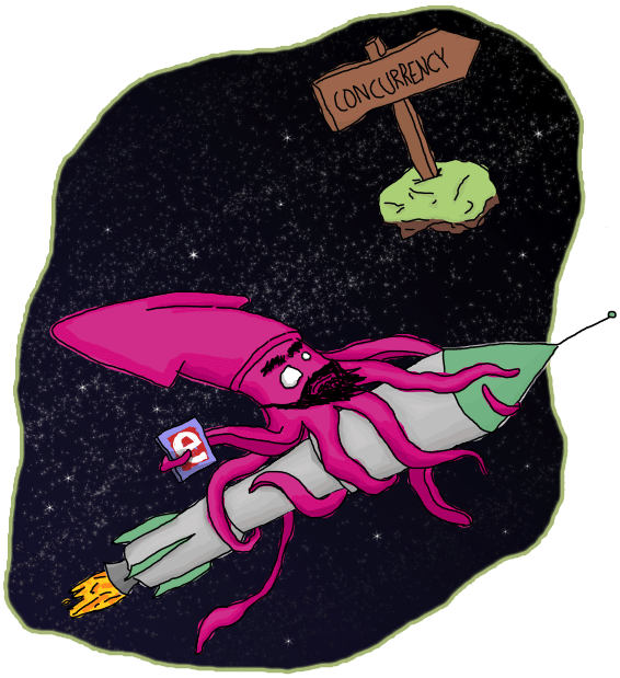 The splash screen's squid riding a rocket towards concurrency